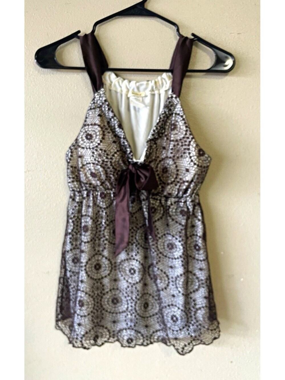 Studio Y S Brown/White Halter Tank Lace Overlay Lined Bow Accent